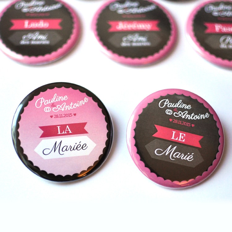 badges mariés rose noir dentelles