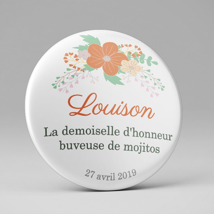 Badge remerciement personnalisé Mariage / Fleurs orange + vert